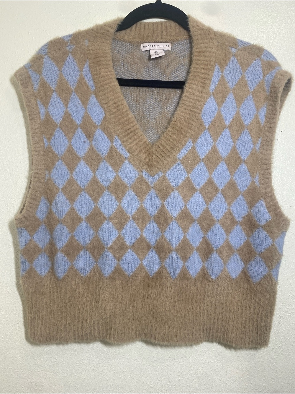 Sincerly Jules Tan and Light Blue Argyle V-Neck Sweater Vest